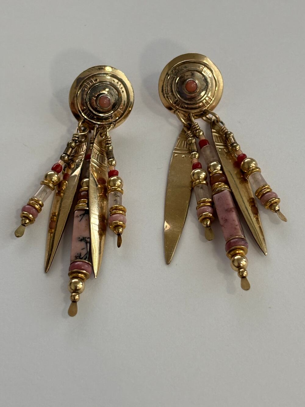 Tabra Vintage Gold- Filled Earrings Coral, Gems 14K Gold Posts Western Large
